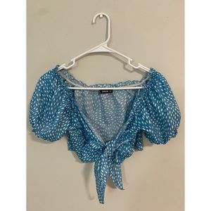 Blue polkadot tie front crop top